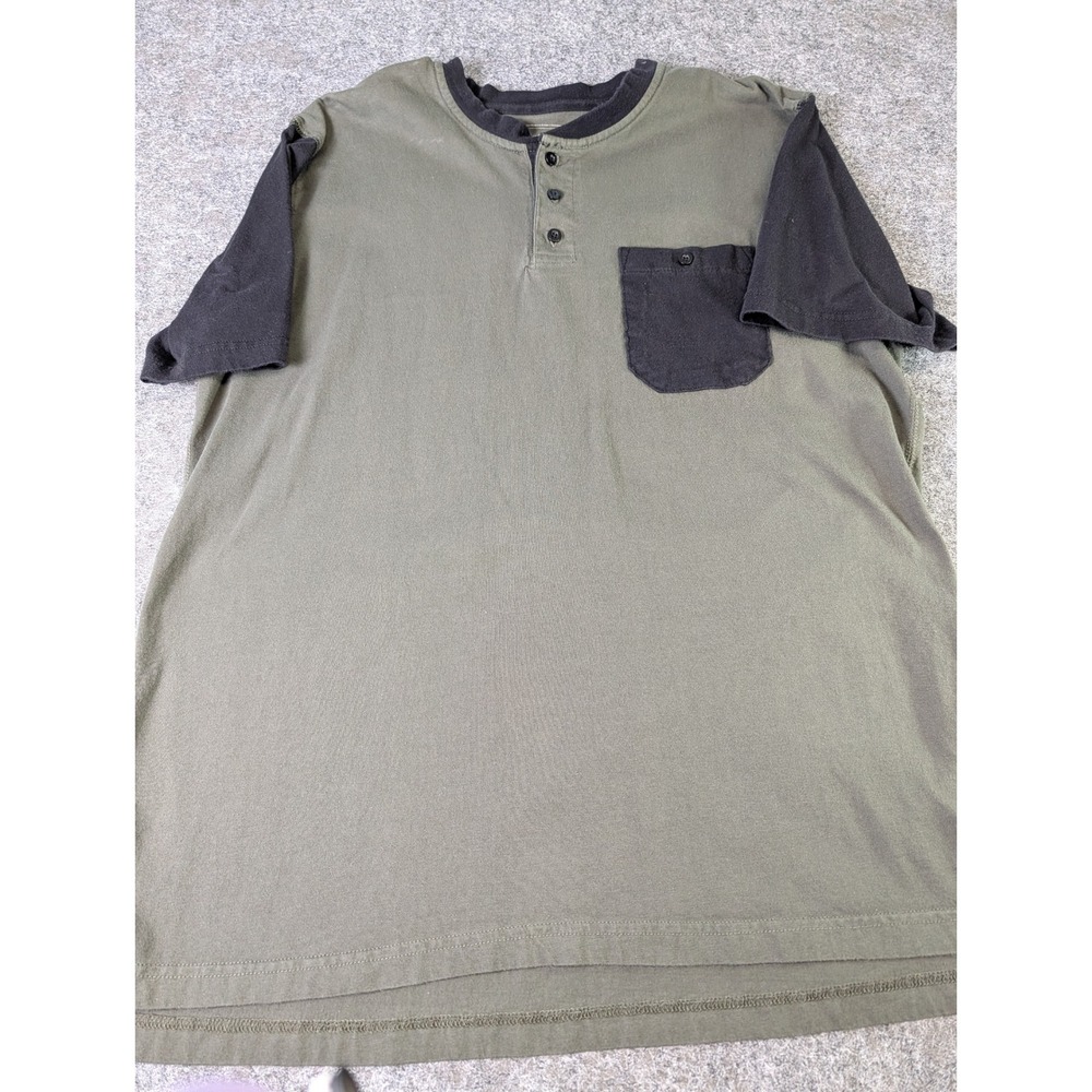 J. Peterman Mens Henley Shirt Large Olive Green Black Cotton Short Sleeve Pocket